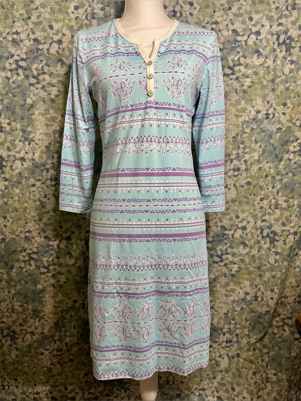 J. McLaughlin Printed Knit Dress Aqua & Lavender Pattern Size S